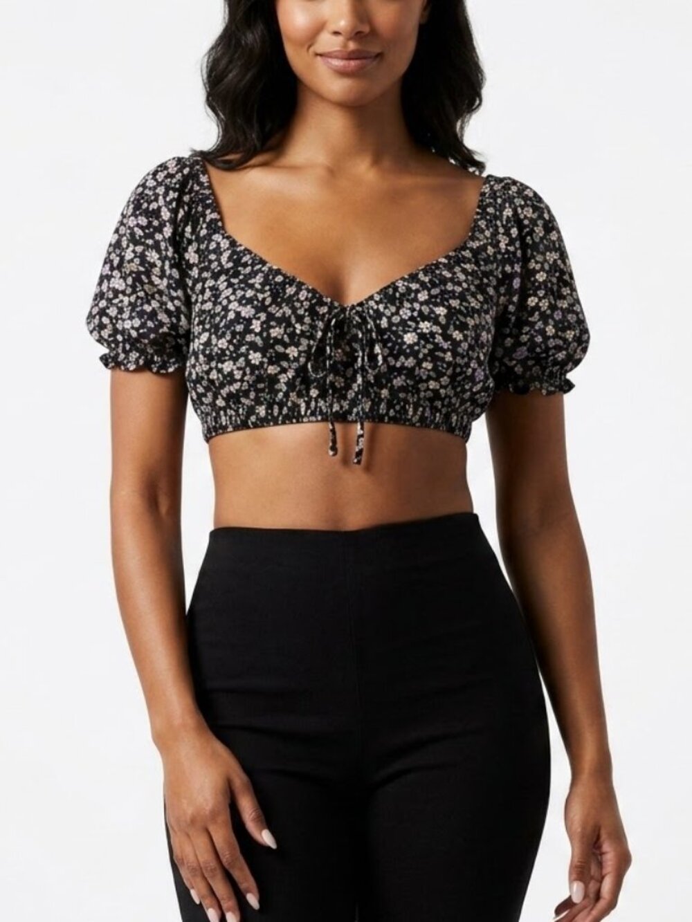 Aeropostale Cottagecore Ditsy Floral Puff Sleeve Smocked Crop Top Black Med